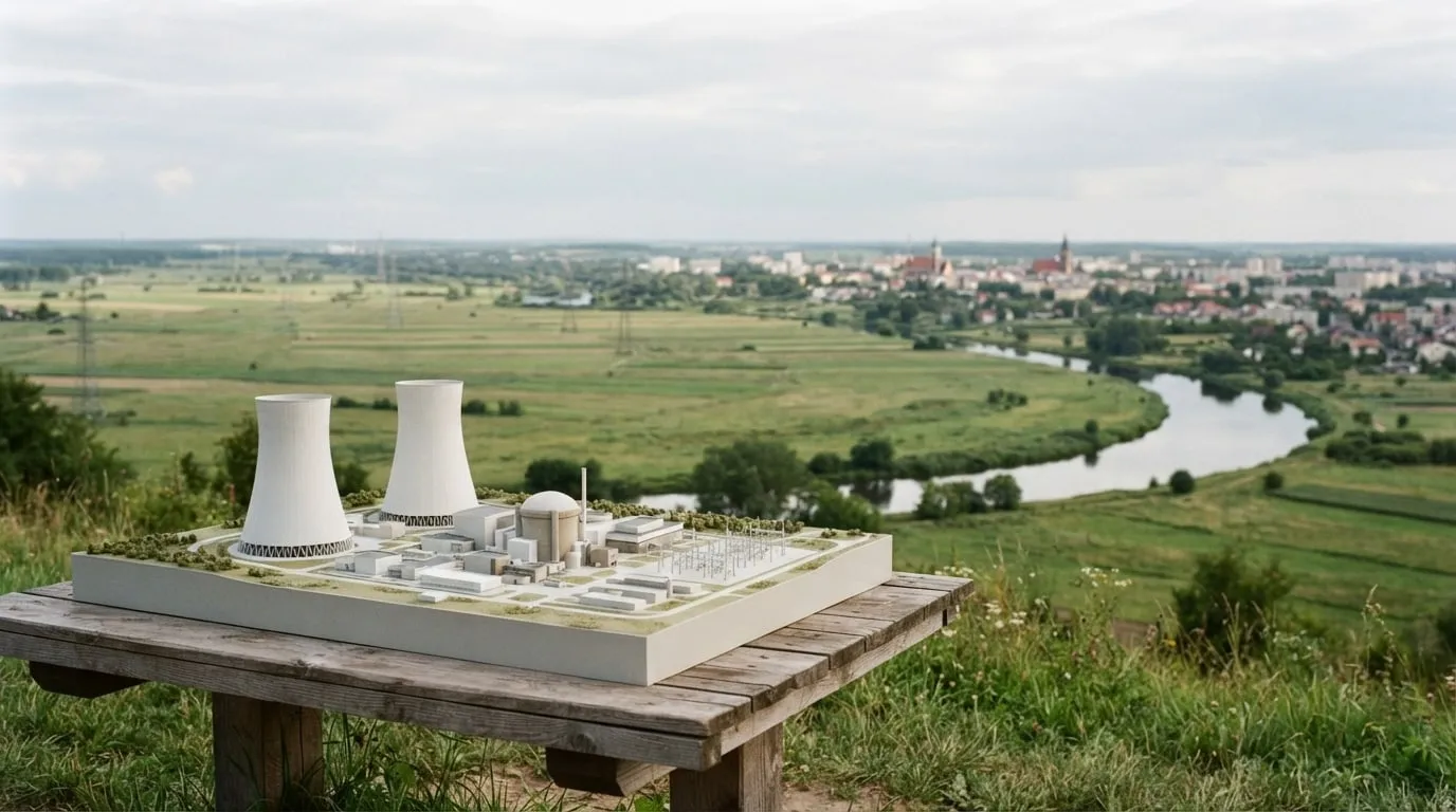 Makieta elektrowni jądrowej nad rzeką i polami pod pochmurnym niebem