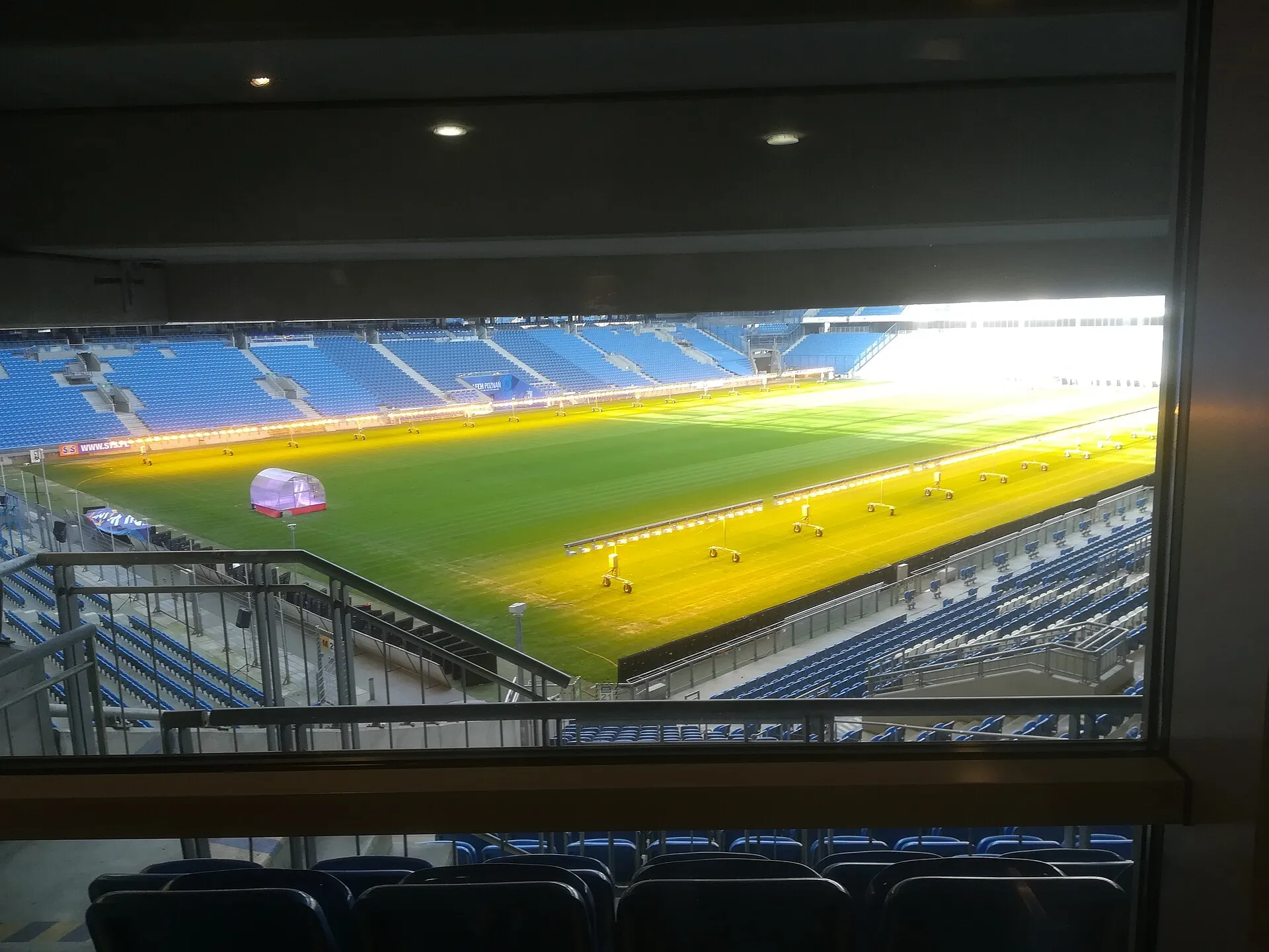 Naświetlana murawa stadionu Lecha Poznań w marcu 2019 roku