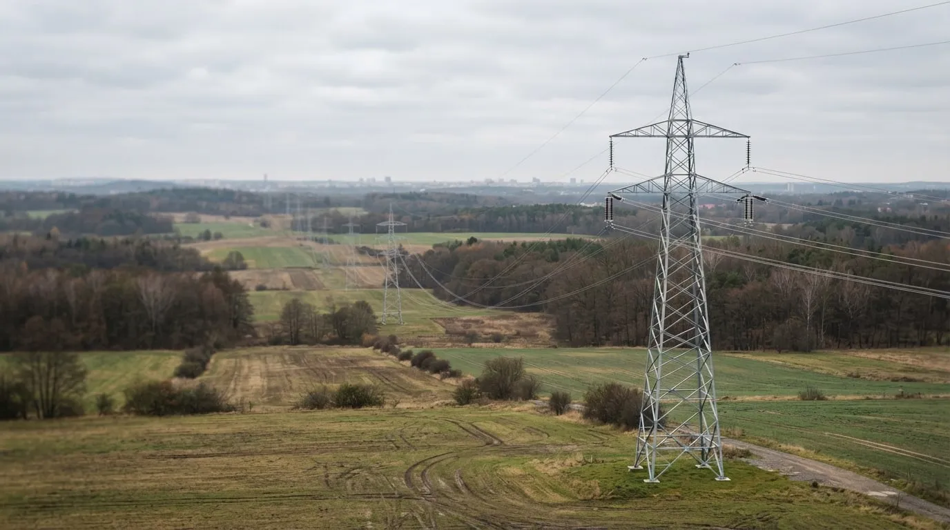Linia wysokiego napięcia nad polami i lasami pod pochmurnym niebem