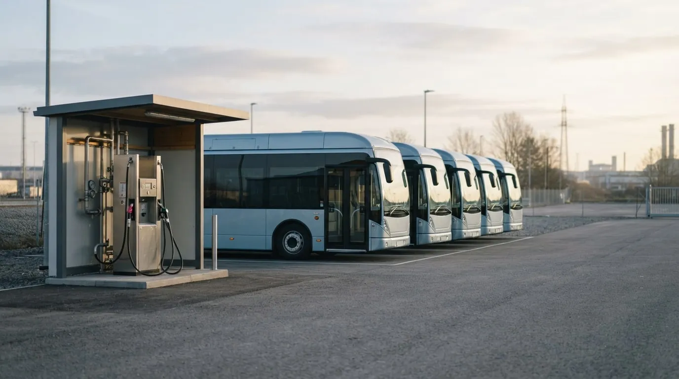 Stacja tankowania wodoru obok sześciu autobusów miejskich w zajezdni