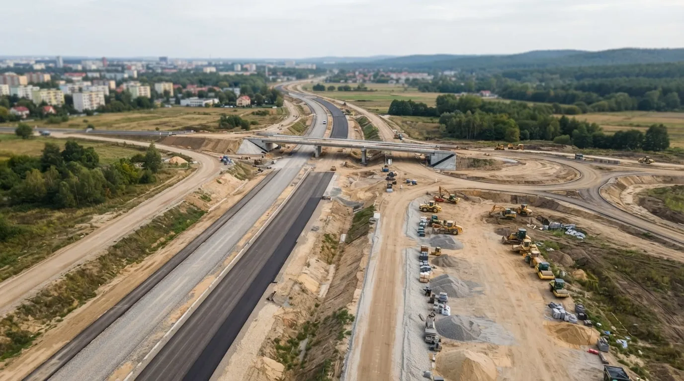 Budowa trasy ekspresowej z wiaduktem, jezdniami i maszynami drogowymi