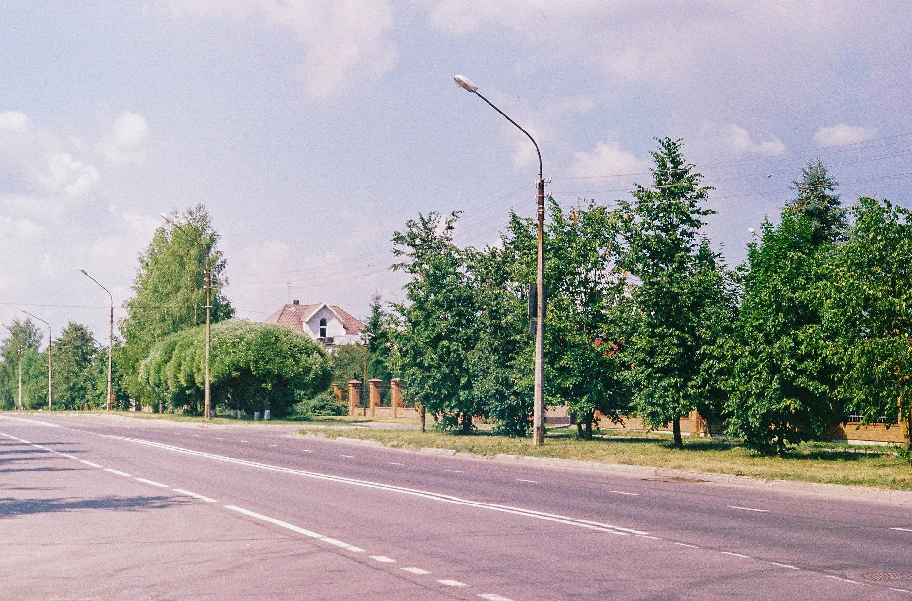 Pusta asfaltowa droga otoczona zielonymi drzewami, latarniami i zabudową mieszkalną