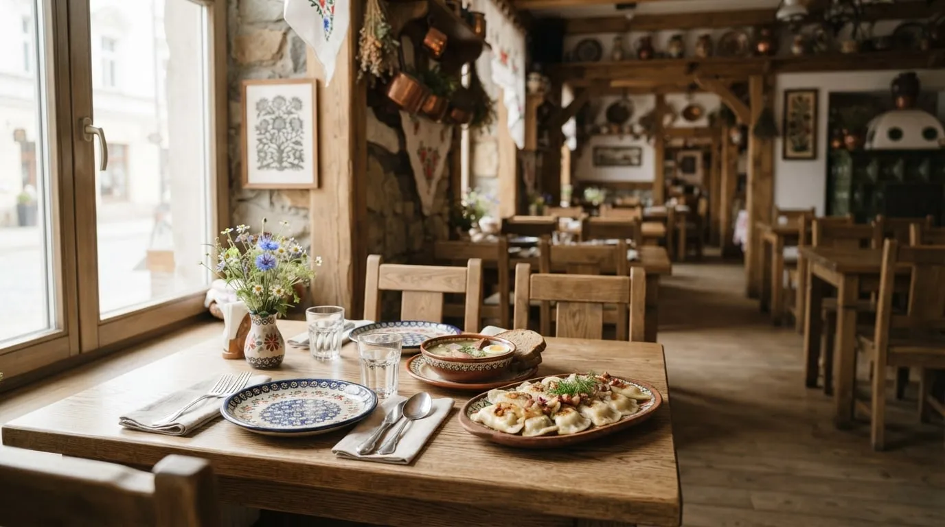 Rustykalne wnętrze restauracji z pierogami, zupą i nakrytym drewnianym stołem