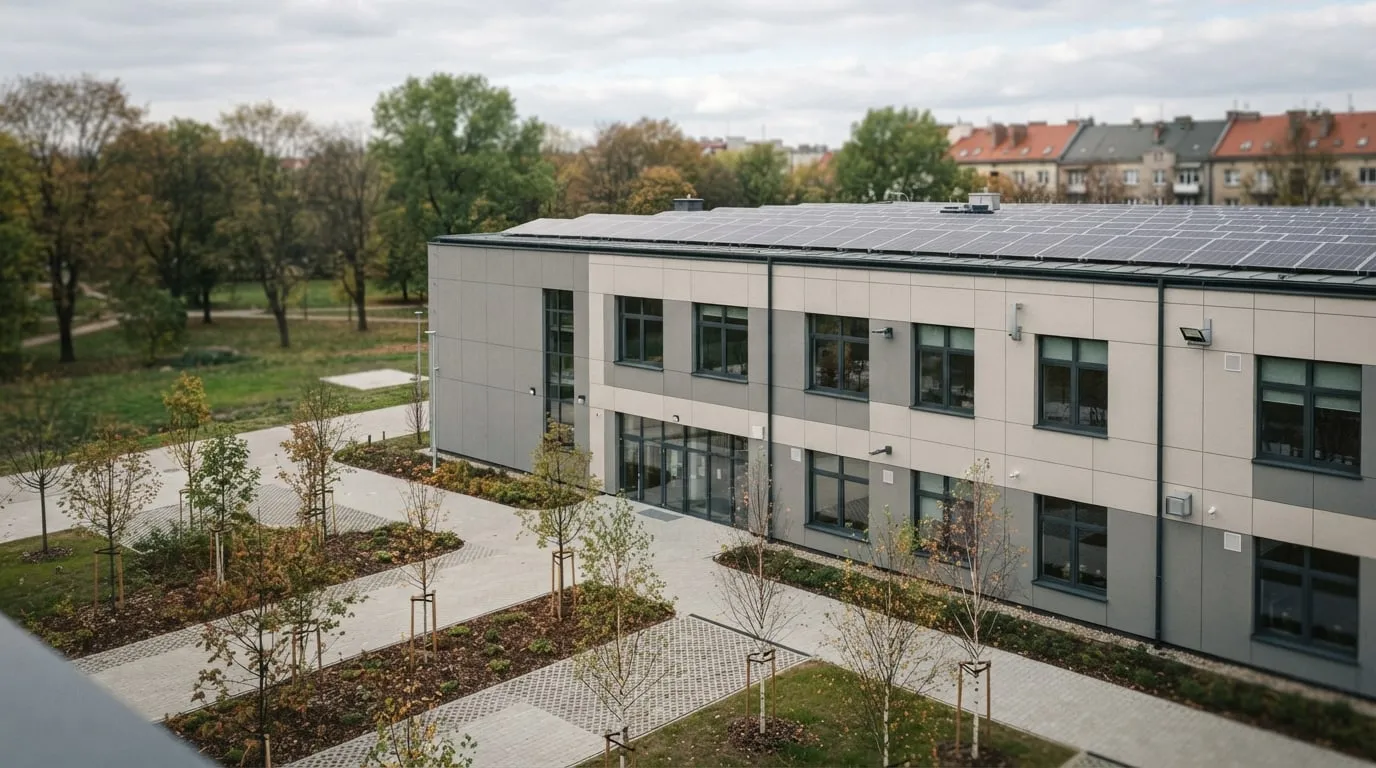 Zmodernizowany budynek szkoły z panelami słonecznymi i młodymi drzewami
